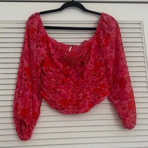 Free People Red and Pink Floral Blouse